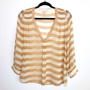 JOIE Aceline Tan/Cream silk striped v neck sheer blouse